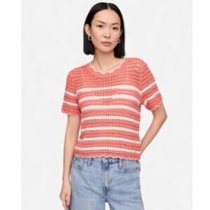 NWT GAP Womens Crochet Short Sleeve Sweater Top Pink White Stripe Size M